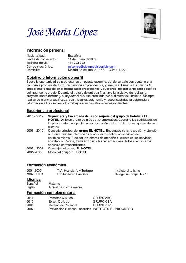 modelo de curriculum vitae simple en ingles